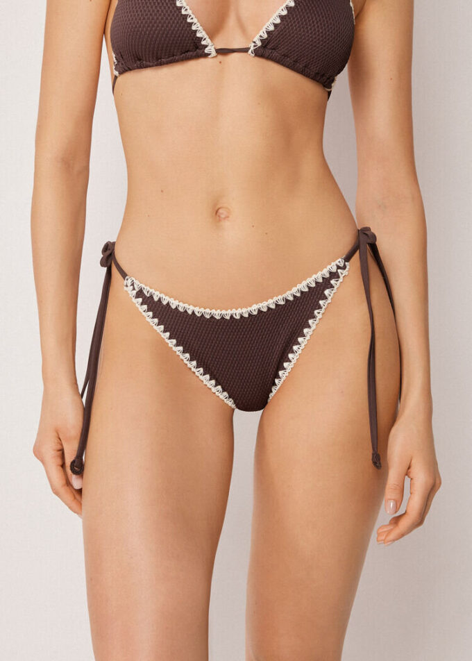 Brazilian String Swimsuit Bottom Bicolor Embroidery