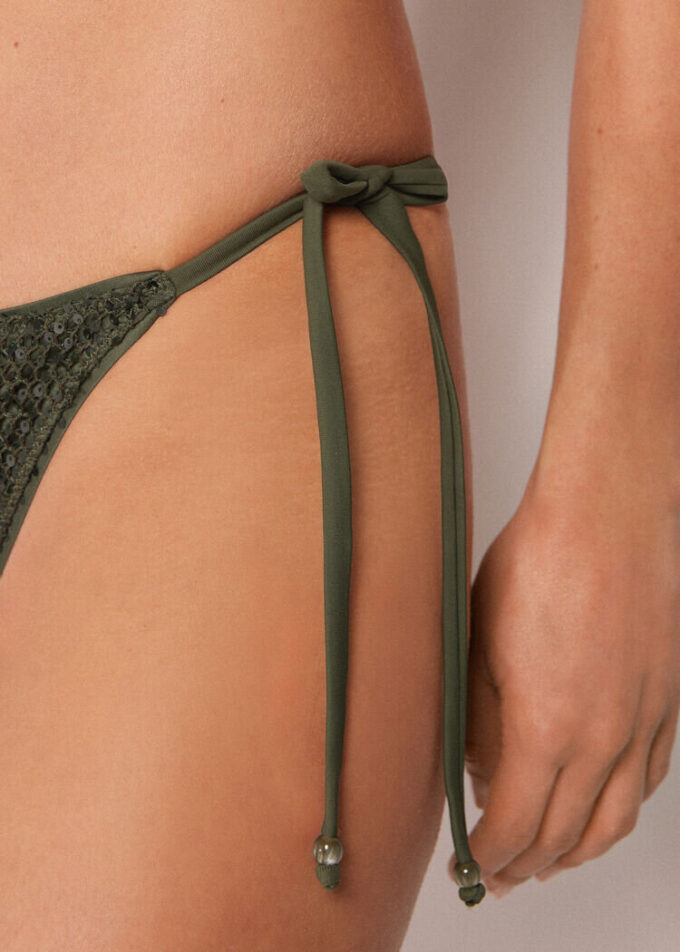 Brazilian String Swimsuit Bottom Sequin Net
