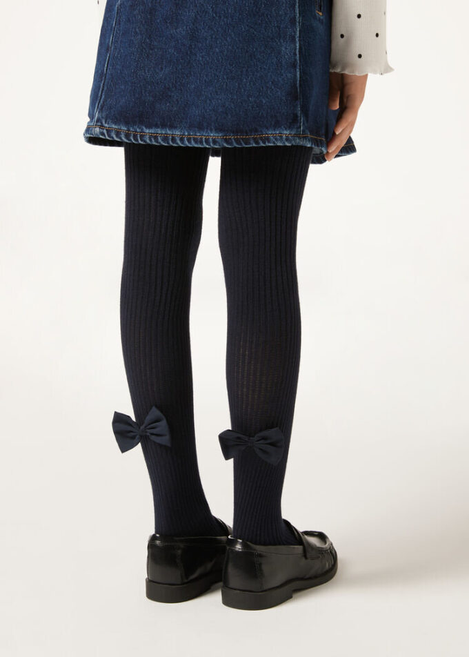 Girls’ Ribbed Cotton Tights with Bow