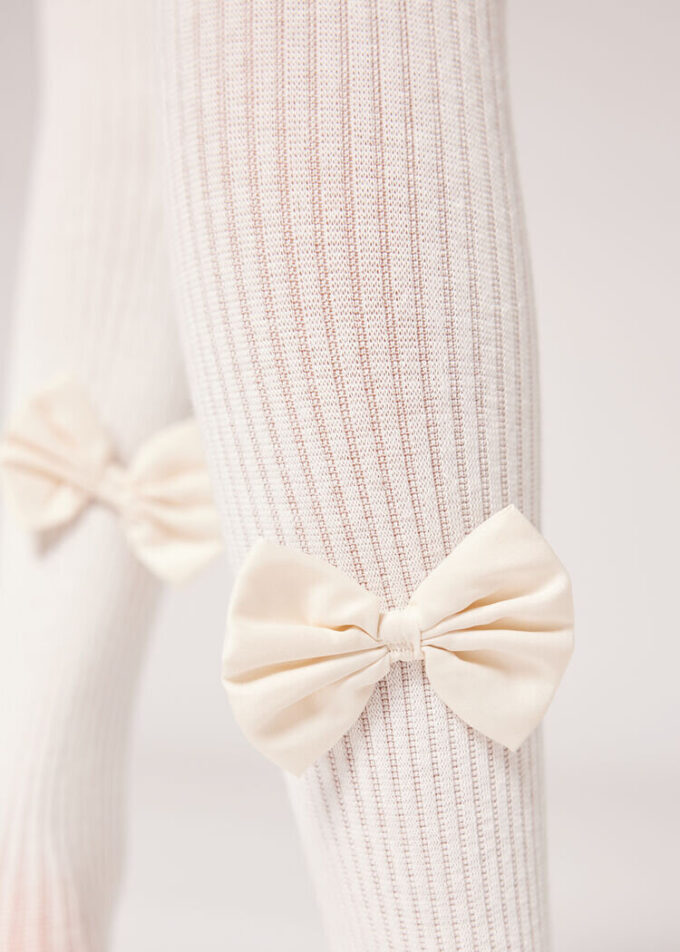 Girls’ Ribbed Cotton Tights with Bow Girls’ Ribbed Cotton Tights with Bow