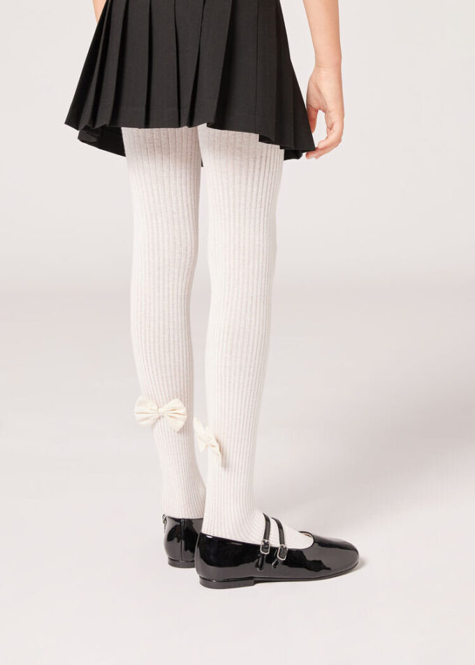 Girls’ Ribbed Cotton Tights with Bow Girls’ Ribbed Cotton Tights with Bow