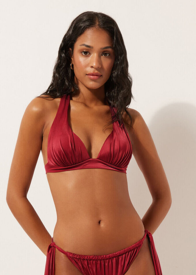 Graduated Padding Triangle Swimsuit Top Shiny Satin