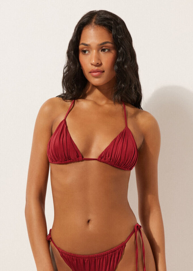 Removable Padding Triangle Swimsuit Top Shiny Satin