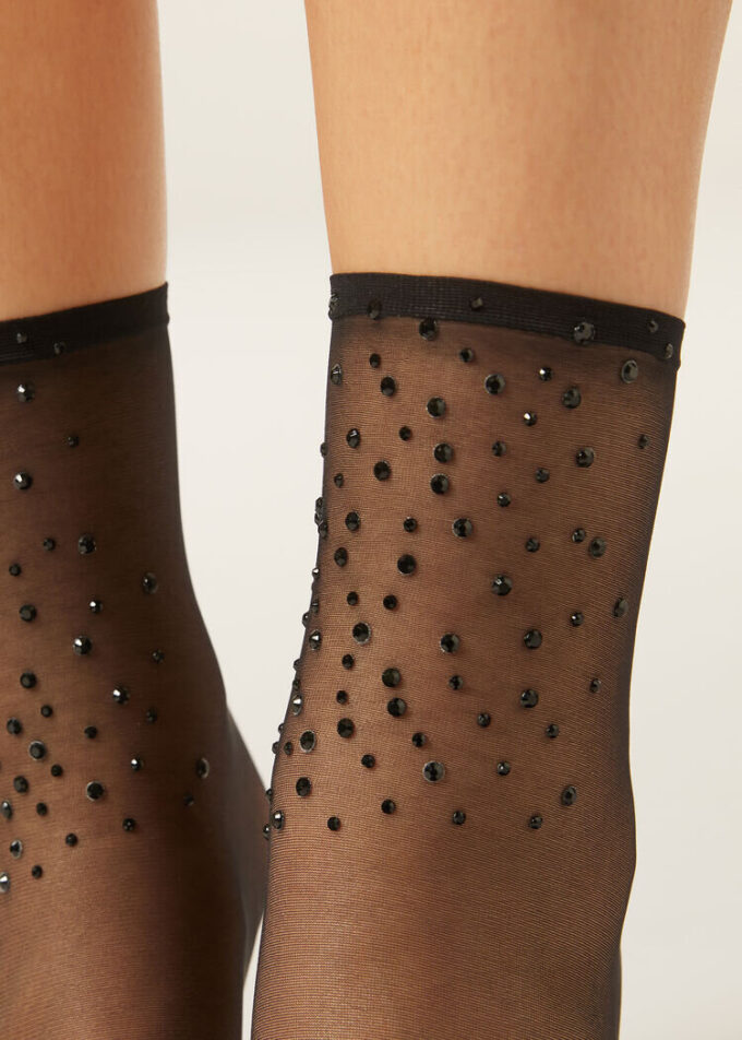 Sheer Short Socks with Rhinestones