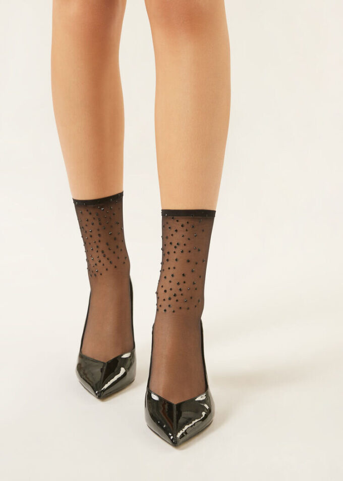 Sheer Short Socks with Rhinestones