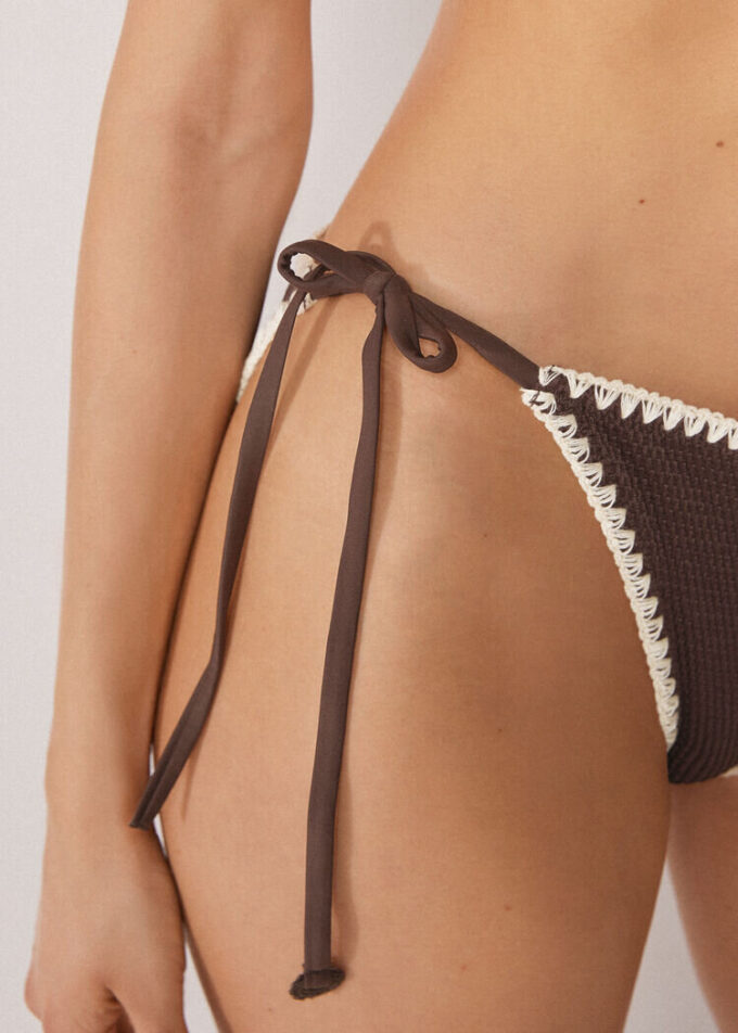String Swimsuit Bottom Bicolor Embroidery